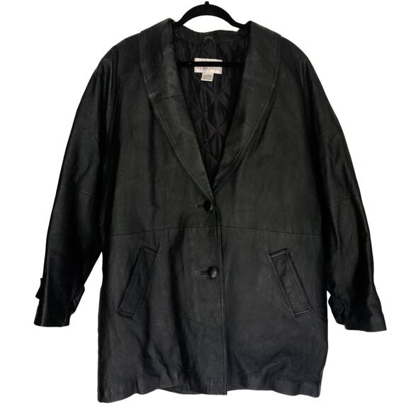 Liz Baker Vintage Leather Jacket Black Trench Coat XL - Picture 1 of 6
